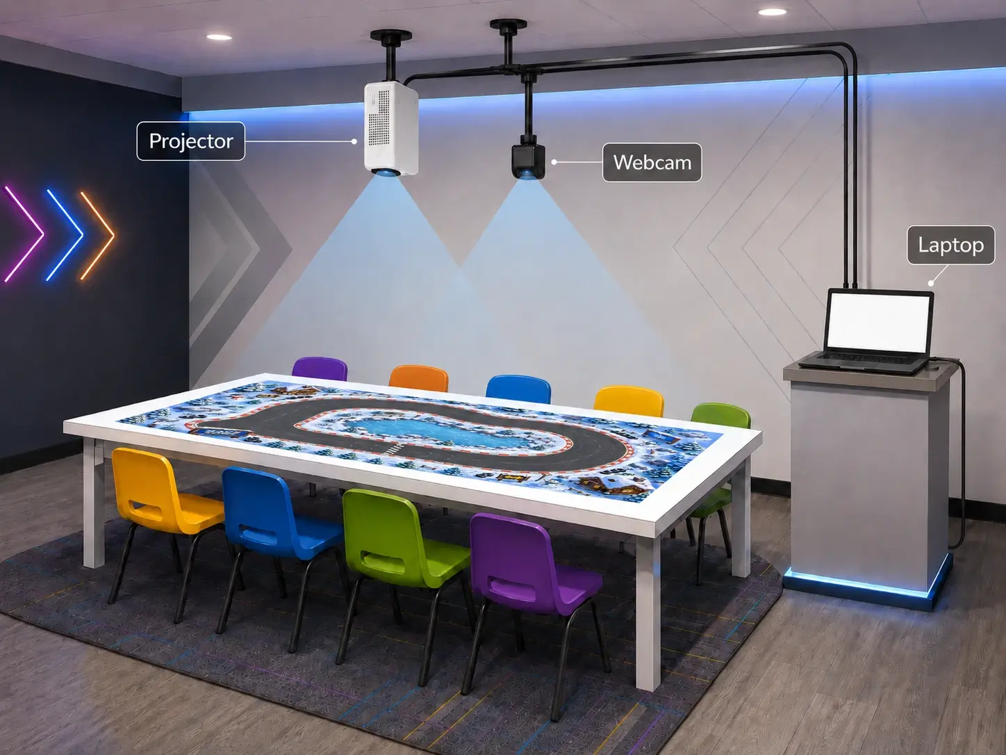 Diagram of an interactive party table setup with a projector mounted above the table, a webcam aimed at the play surface, and a laptop running the game software nearby.